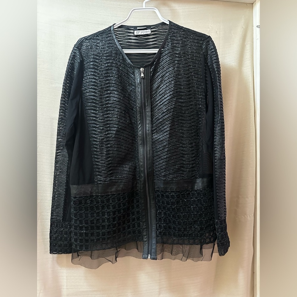 KUSHI Genuine Leather Mesh Jacket Black Textured Designer Statement Zip Up